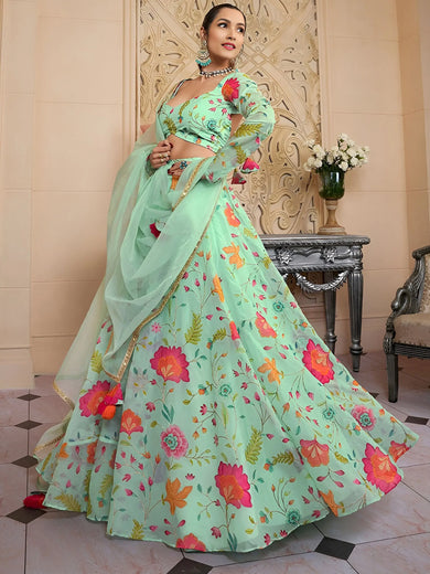 Outstanding Green Floral Printed Organza Lehenga Choli With Dupatta
