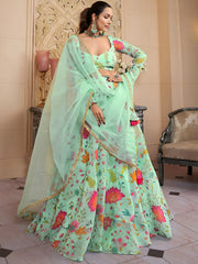Outstanding Green Floral Printed Organza Lehenga Choli With Dupatta