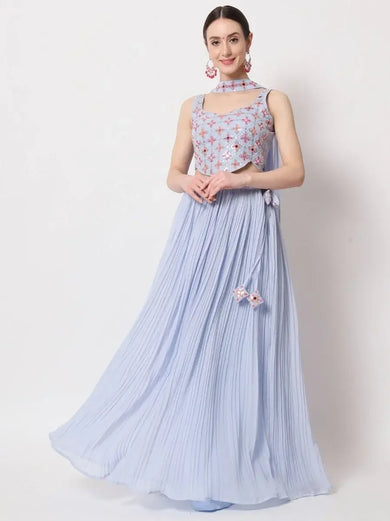Exquisite Sky-Blue Crush Pattern Georgette Fancy Lehenga Choli