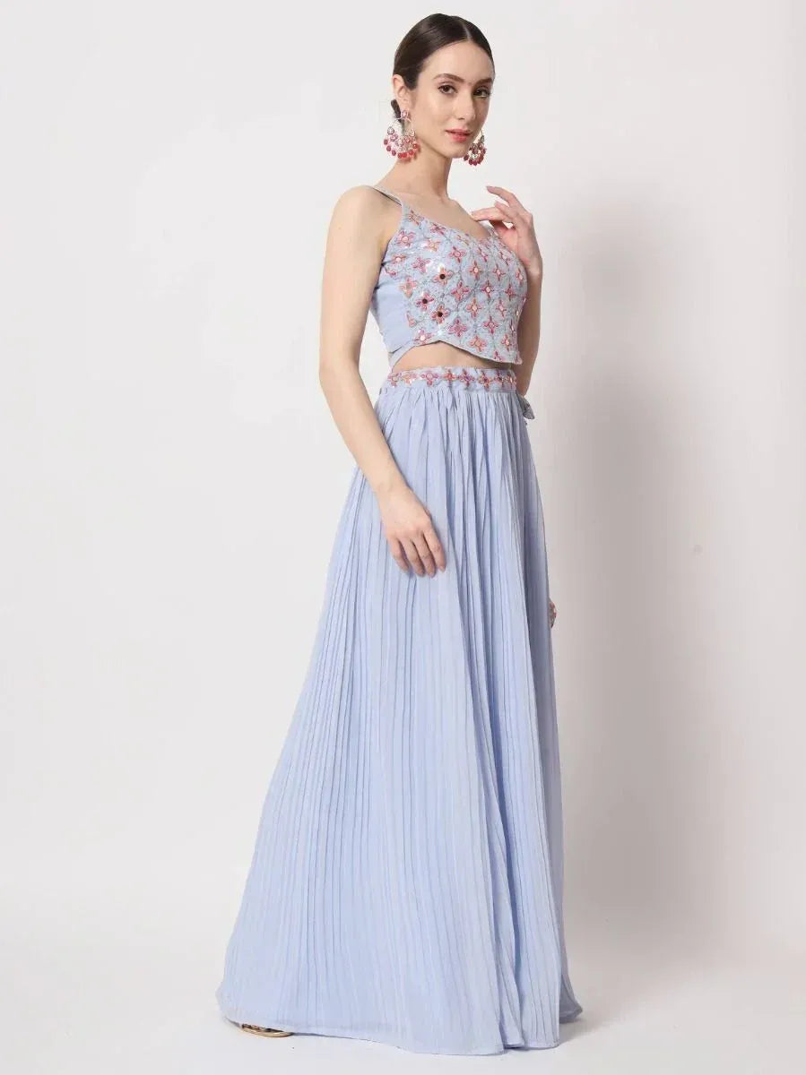 Light blue embroidered crop top with pleated skirt, Indian ethnic wear for women