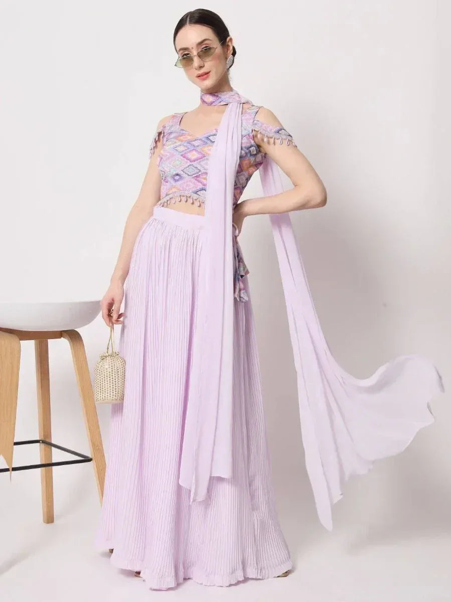 Lavender pleated palazzo with printed crop top and dupatta, Indian ethnic wear for women