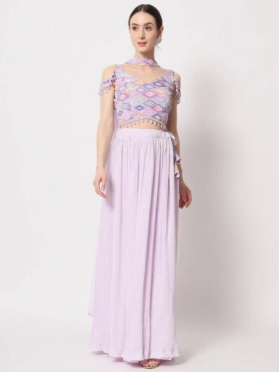 Lavender ethnic crop top with geometric print and pleated skirt, perfect for Indian festive wear