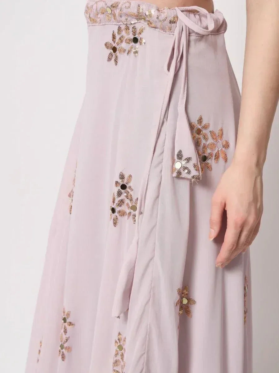 Pink ethnic skirt with floral mirror embroidery and tie waist, perfect for Indian wear