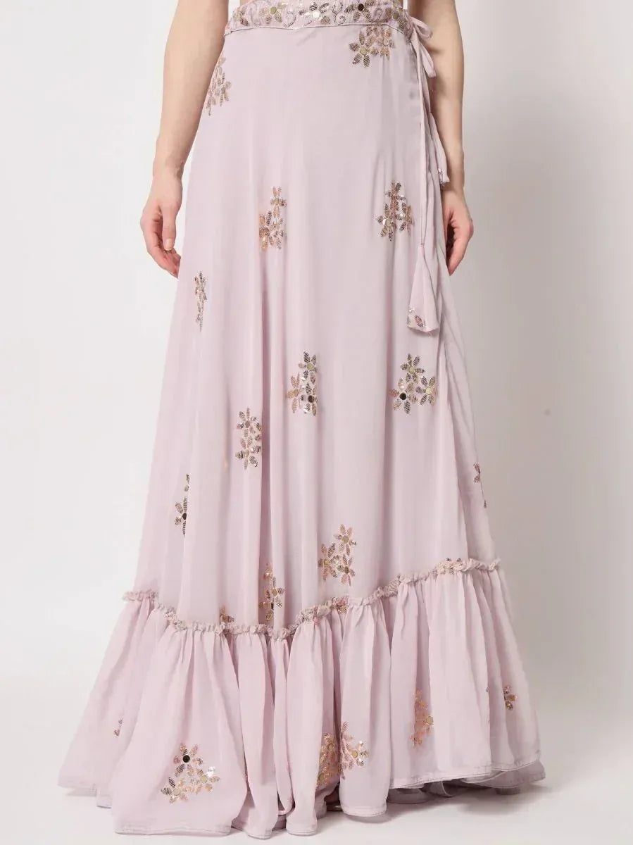 Pink floral embroidered lehenga skirt with ruffled hem, ethnic wear for women