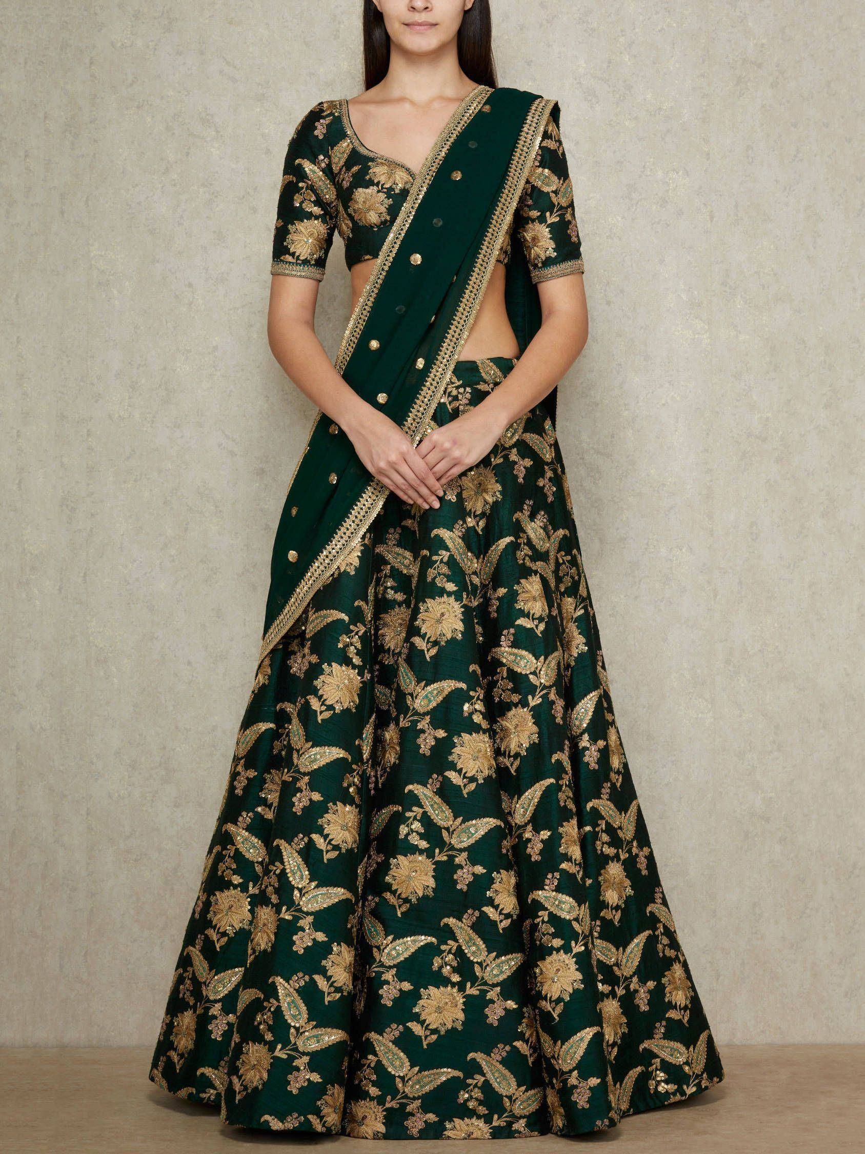 Emerald green lehenga choli with gold floral embroidery, perfect for Indian ethnic wear occasions