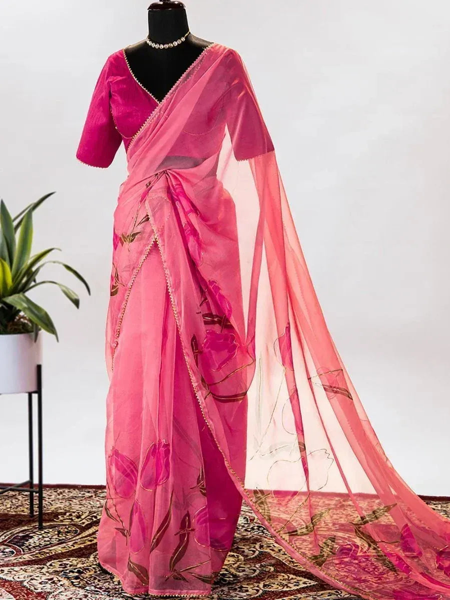 Pink floral embroidered saree with matching blouse, ethnic Indian wear for women