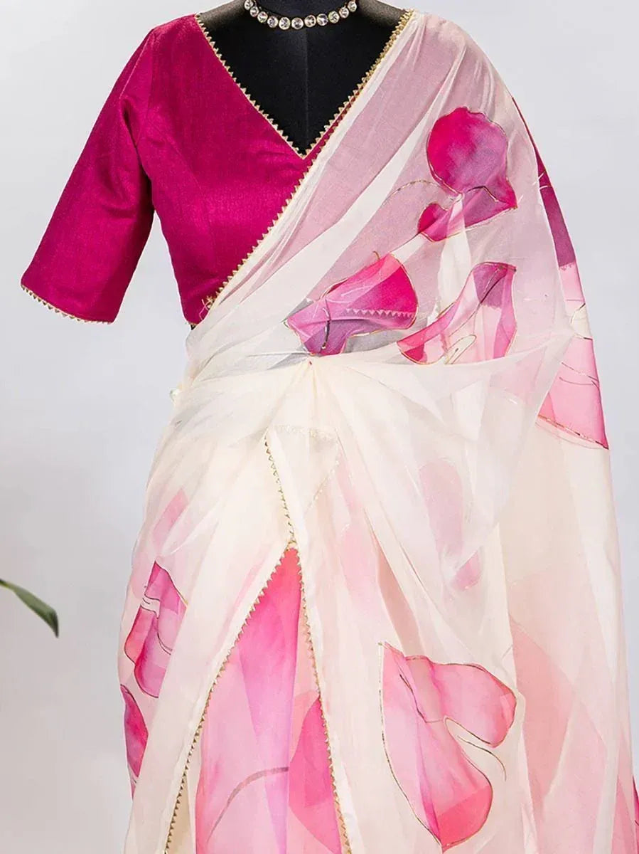 Pink floral print saree with magenta blouse, ethnic Indian wear for women