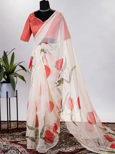 Unexpected Cream Organza Floral Printed Saree With Blouse