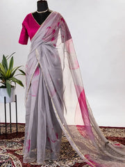 Stunning Grey Organza Floral Printed Saree With Blouse