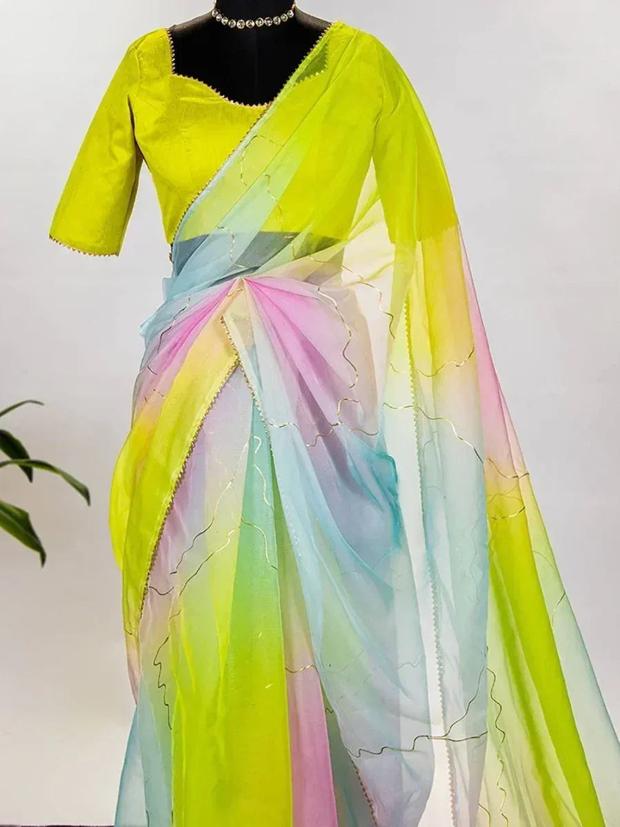 Vibrant multicolor saree with lime green blouse, perfect for Indian ethnic wear occasions