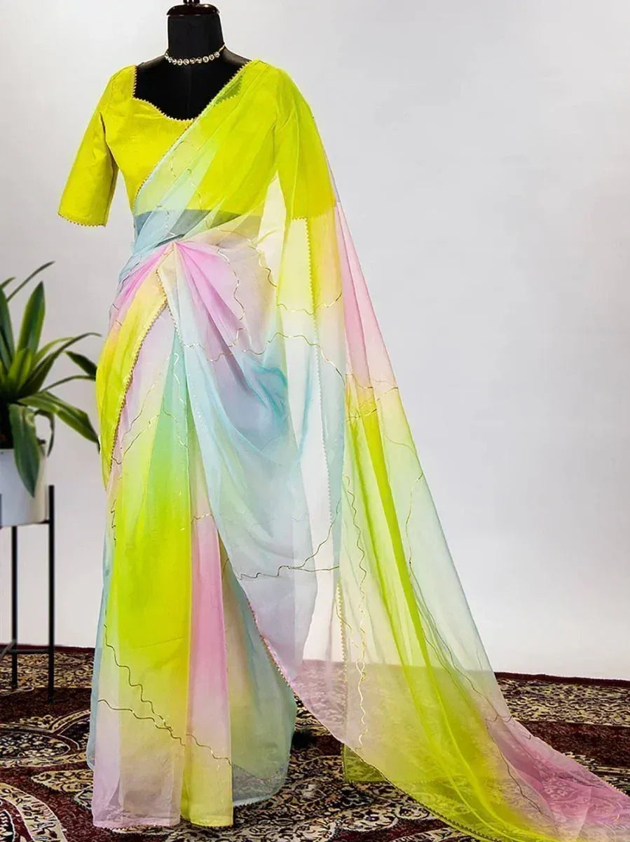Vibrant rainbow ombre saree with yellow blouse, perfect for Indian ethnic wear occasions