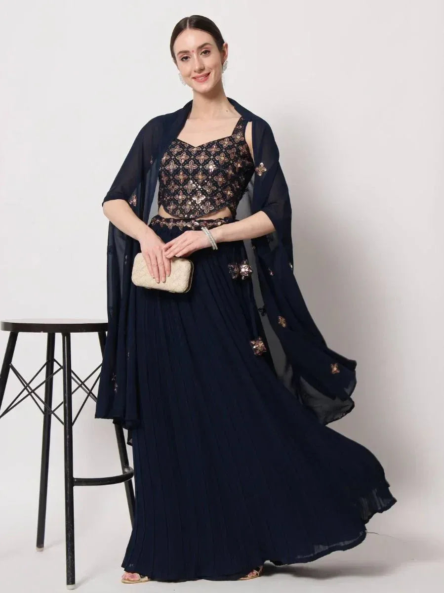 Navy blue embroidered lehenga choli with sheer dupatta, perfect for Indian ethnic occasions