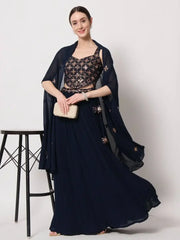 Stunning Navy Blue Embroidered Georgette Party Wear Lehenga