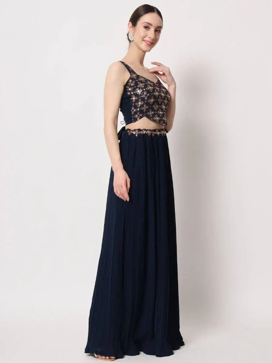 Navy blue embroidered crop top with pleated skirt, Indian ethnic wear for women
