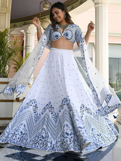 Fantastic White Thread Work Satin Sangeet Wear Lehenga Choli