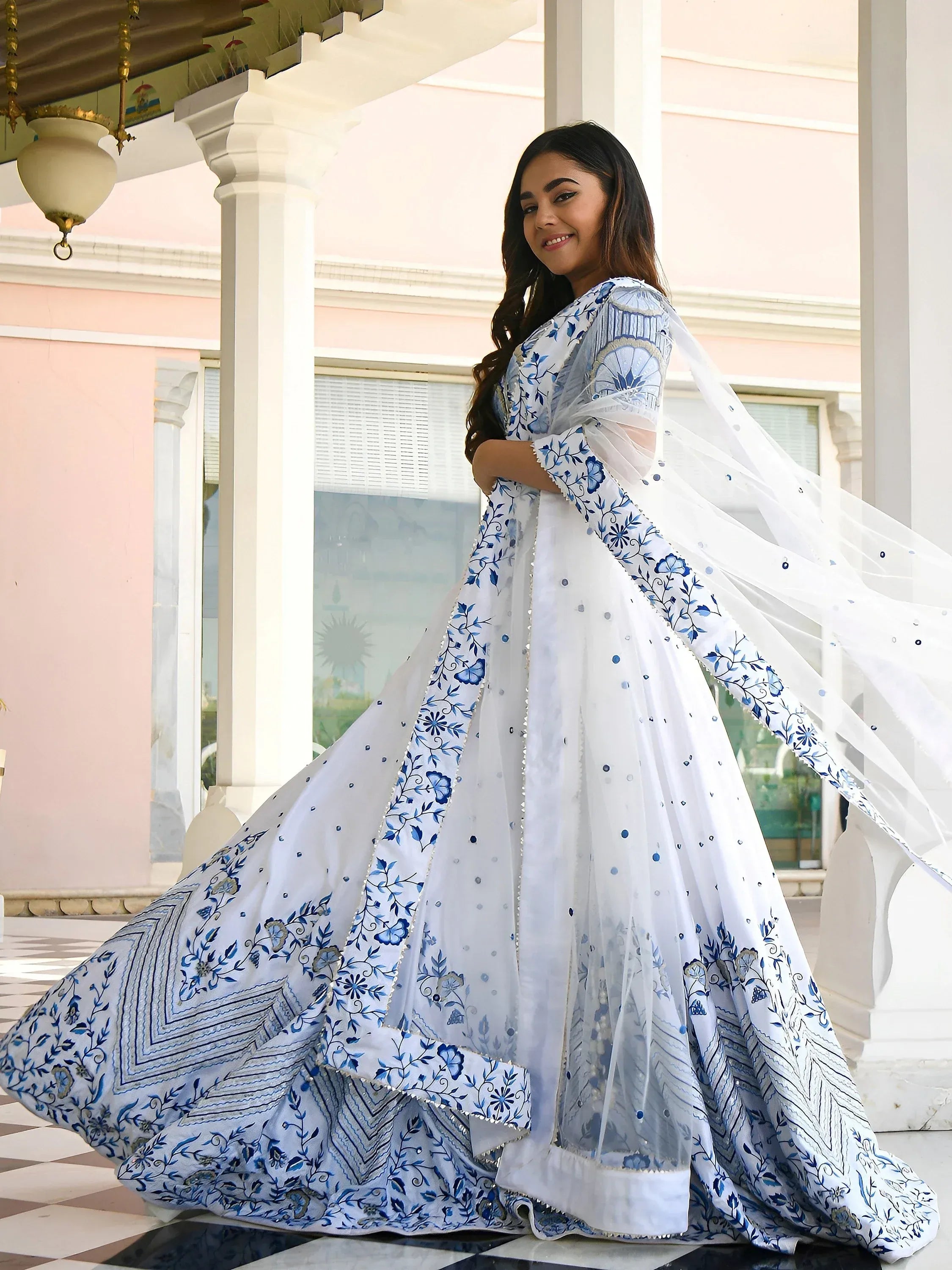 Fantastic White Thread Work Satin Sangeet Wear Lehenga Choli