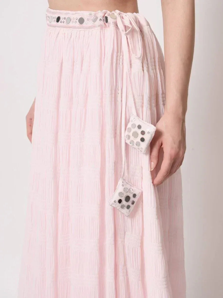 Pink ethnic skirt with mirror work and drawstring waist, ideal for Indian wear