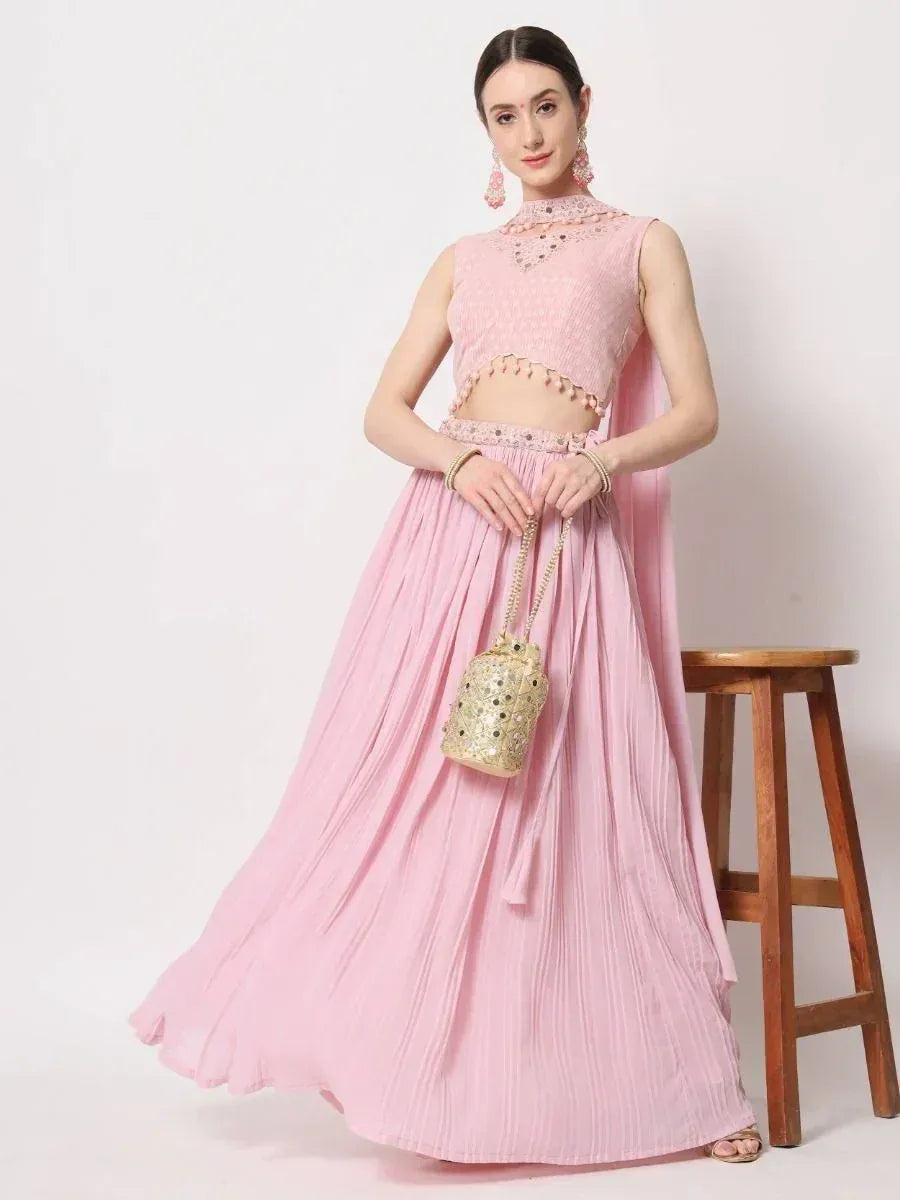 Pink designer lehenga choli with embroidered crop top and pleated skirt, perfect for ethnic occasions