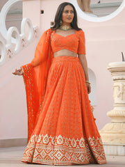 Pretty Orange Sequins Georgette Sangeet Wear Lehenga Choli