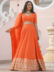 Pretty Orange Sequins Georgette Sangeet Wear Lehenga Choli