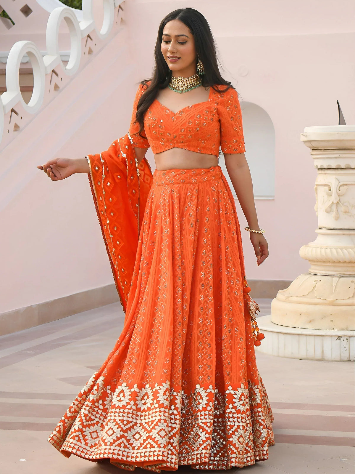 Pretty Orange Sequins Georgette Sangeet Wear Lehenga Choli