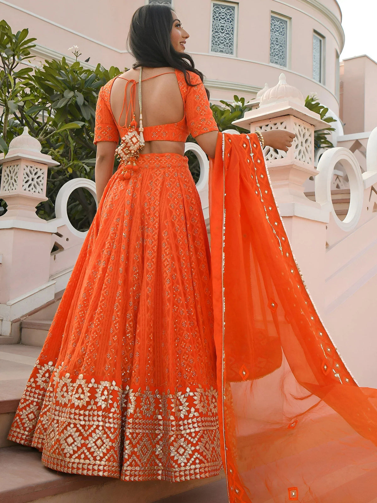 Pretty Orange Sequins Georgette Sangeet Wear Lehenga Choli