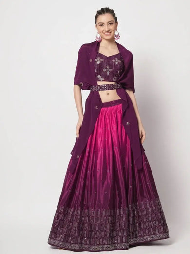 Glamorous Purple Mukaish Work Silk Party Wear Lehenga Choli With Shrug