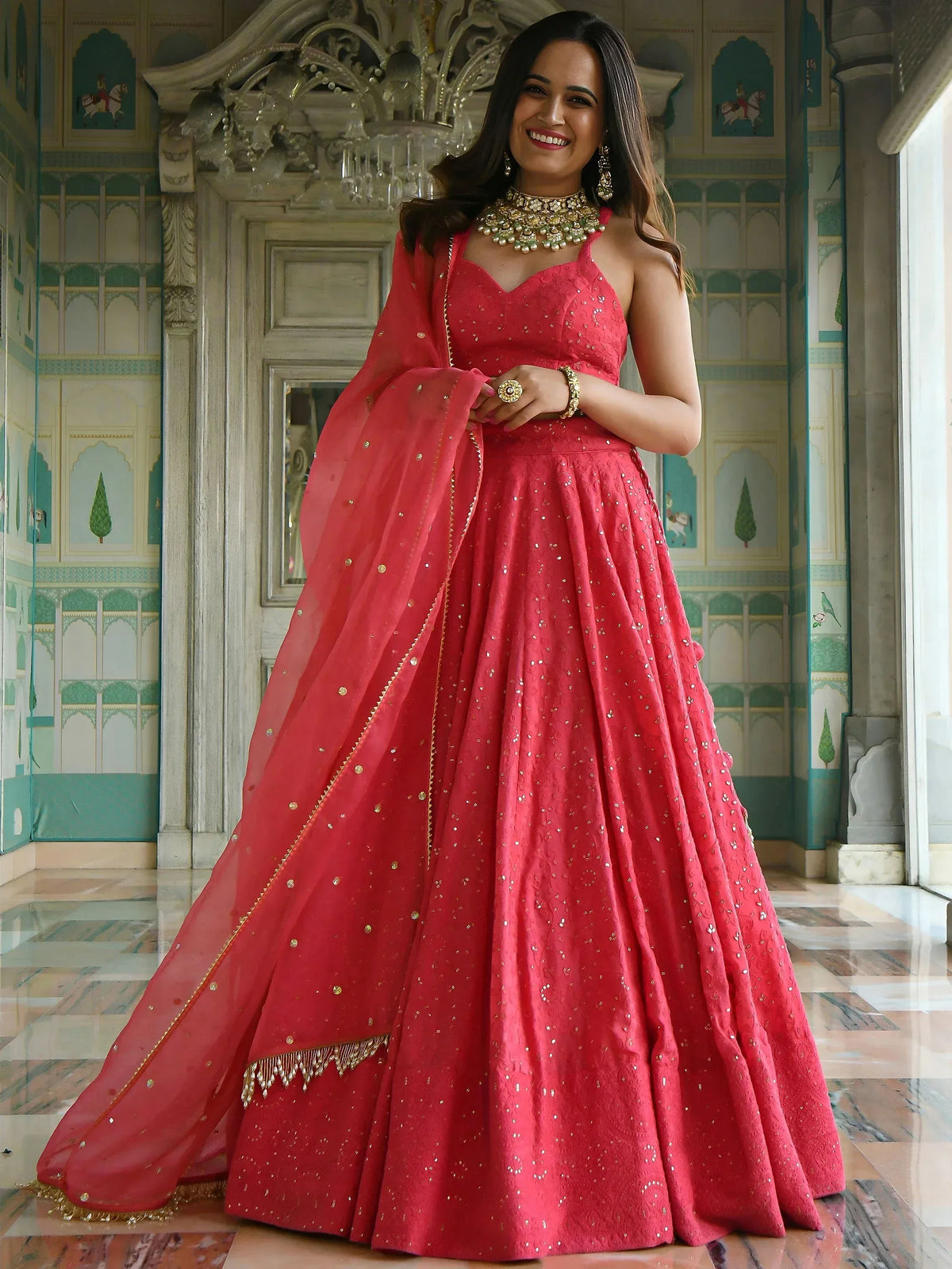 Lovely Pink Sequins Embroidered Georgette Wedding Wear Lehenga Choli