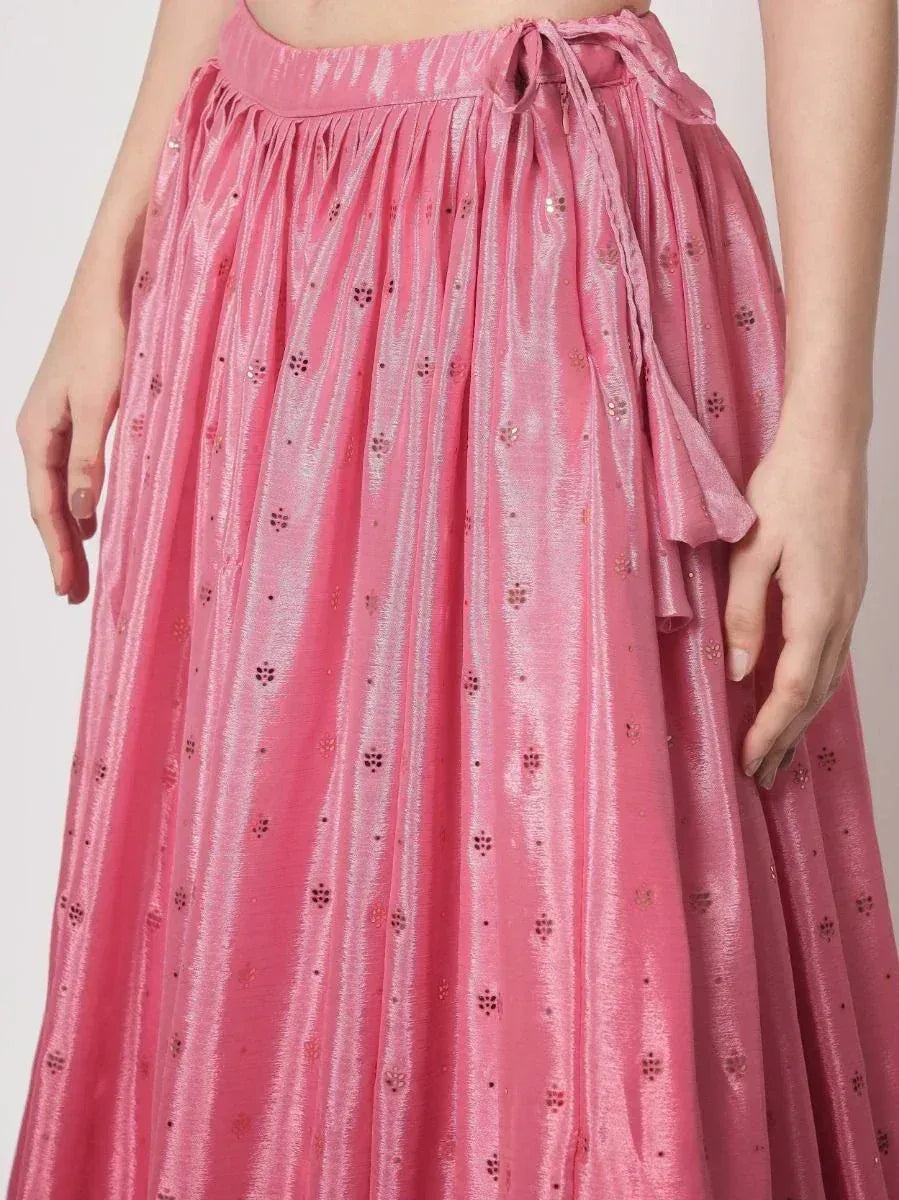 Pink ethnic lehenga skirt with floral embroidery and tie waist, perfect for festive occasions