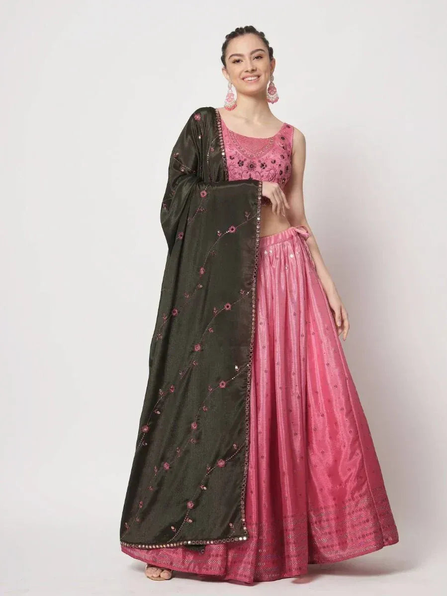 Pink embroidered lehenga choli with olive green dupatta, Indian ethnic wear for women