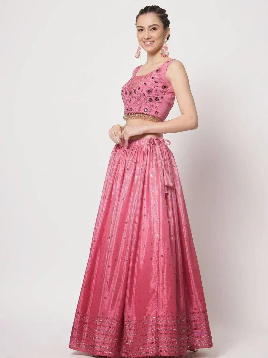 Pink embroidered lehenga choli with floral motifs and sequin detailing, perfect for Indian ethnic occasions