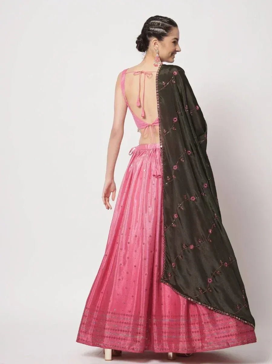 Pink lehenga choli with back tie blouse and embroidered dark dupatta, ethnic Indian wear