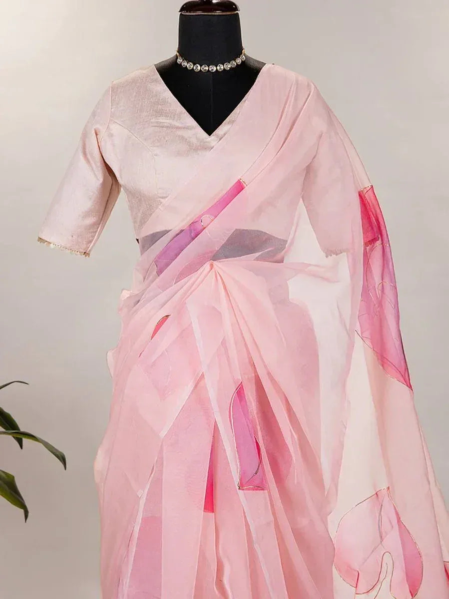 Pink floral print saree with matching blouse, elegant Indian ethnic wear for women