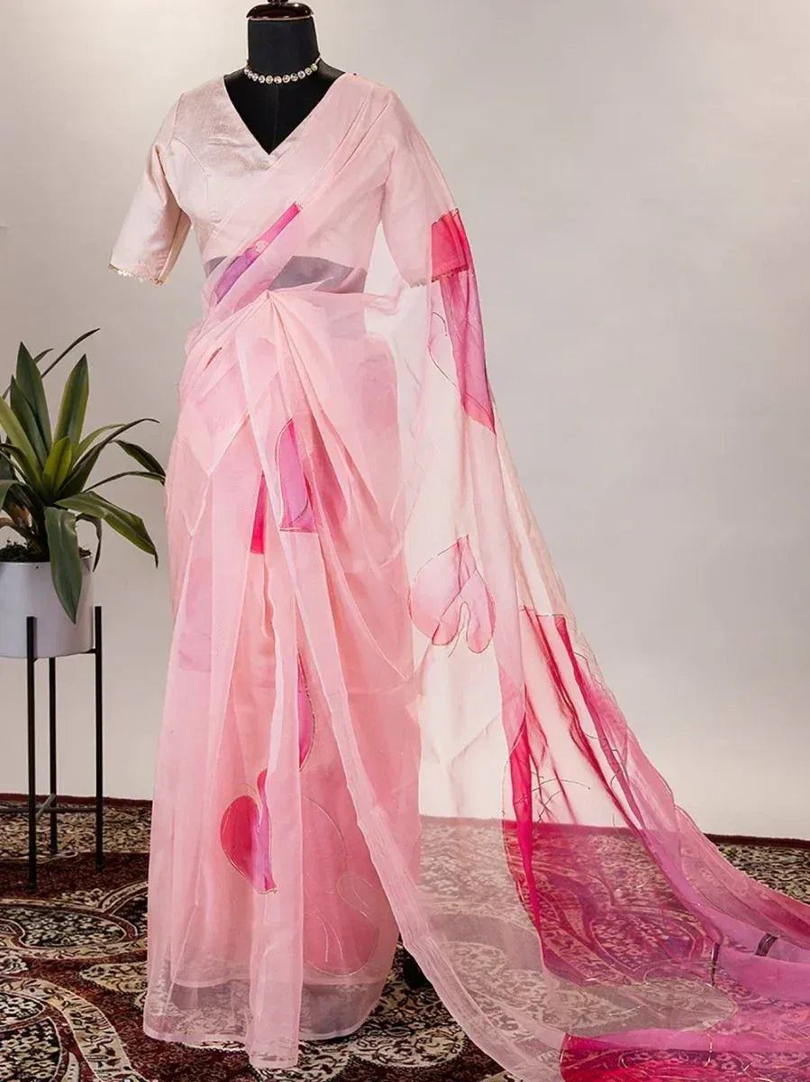 Pink floral printed saree with matching blouse, elegant ethnic wear for women