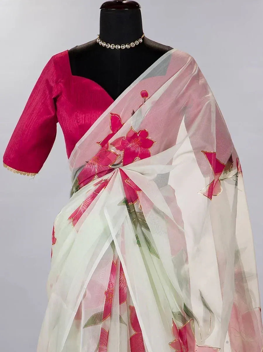 White saree with pink floral print and matching pink blouse, elegant ethnic wear for women