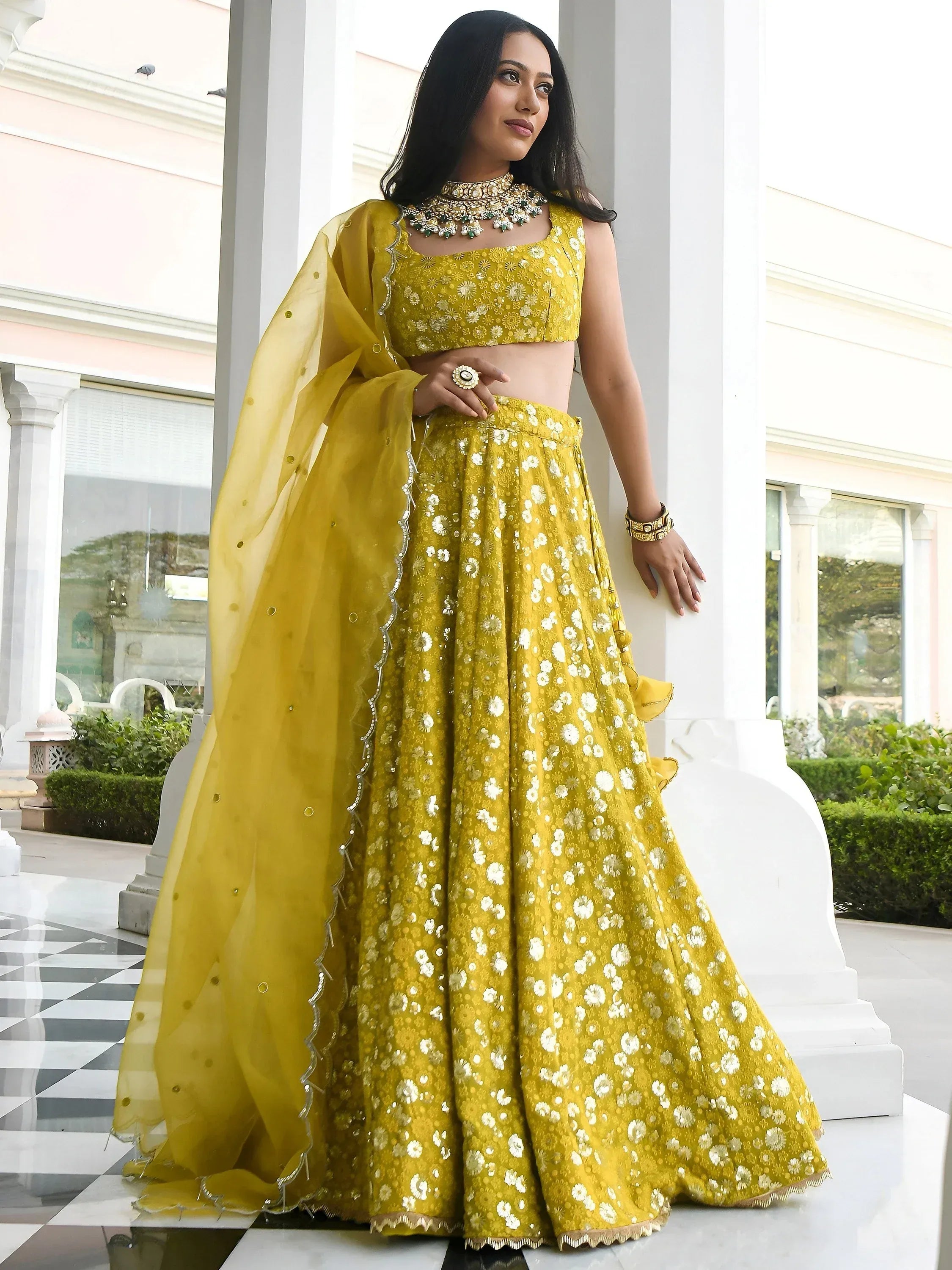 Stunning Yellow Thread Embroidered Georgette Wedding Lehenga Choli