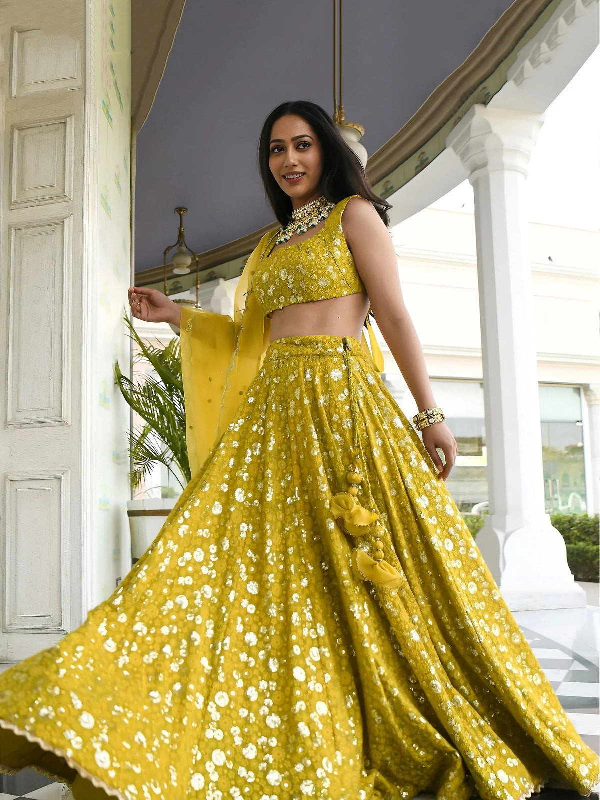 Stunning Yellow Thread Embroidered Georgette Wedding Lehenga Choli