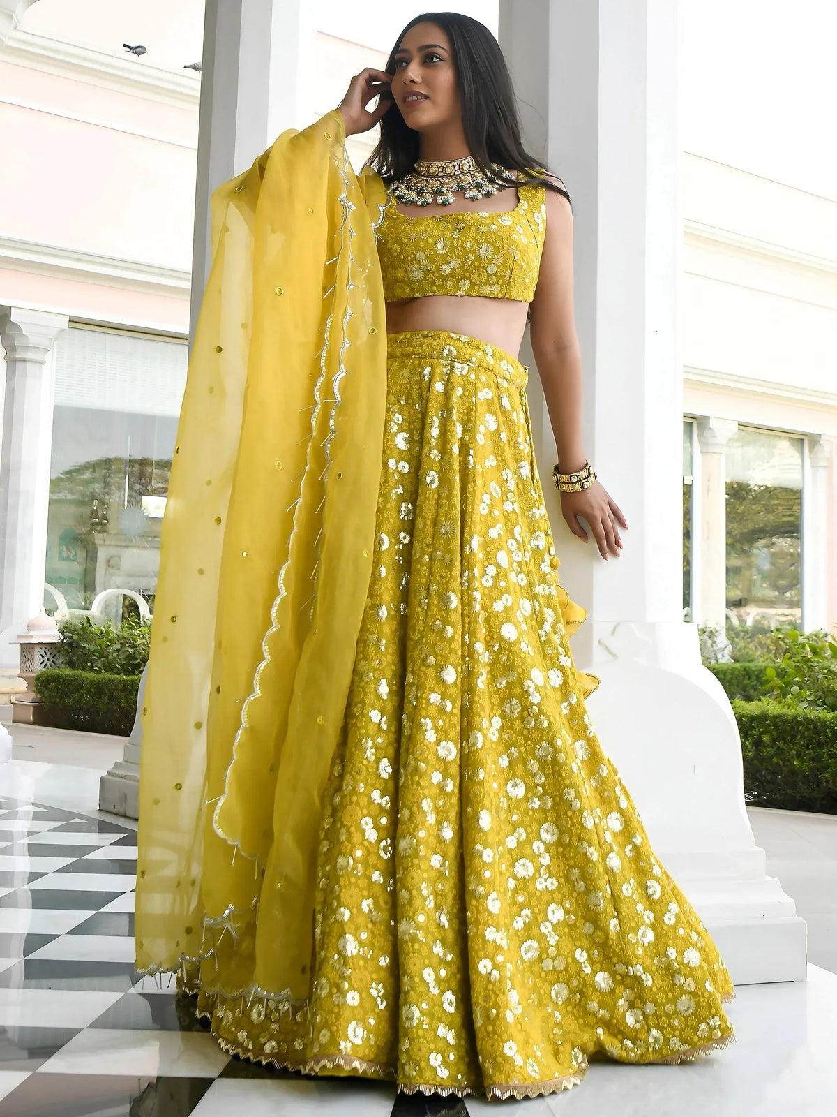 Stunning Yellow Thread Embroidered Georgette Wedding Lehenga Choli