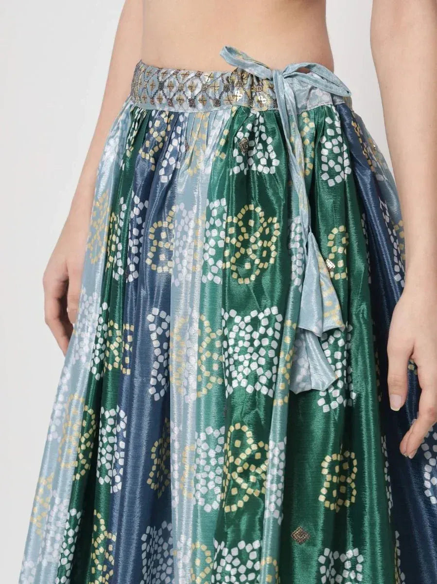 Green and blue printed lehenga skirt with tie waist, ethnic wear design