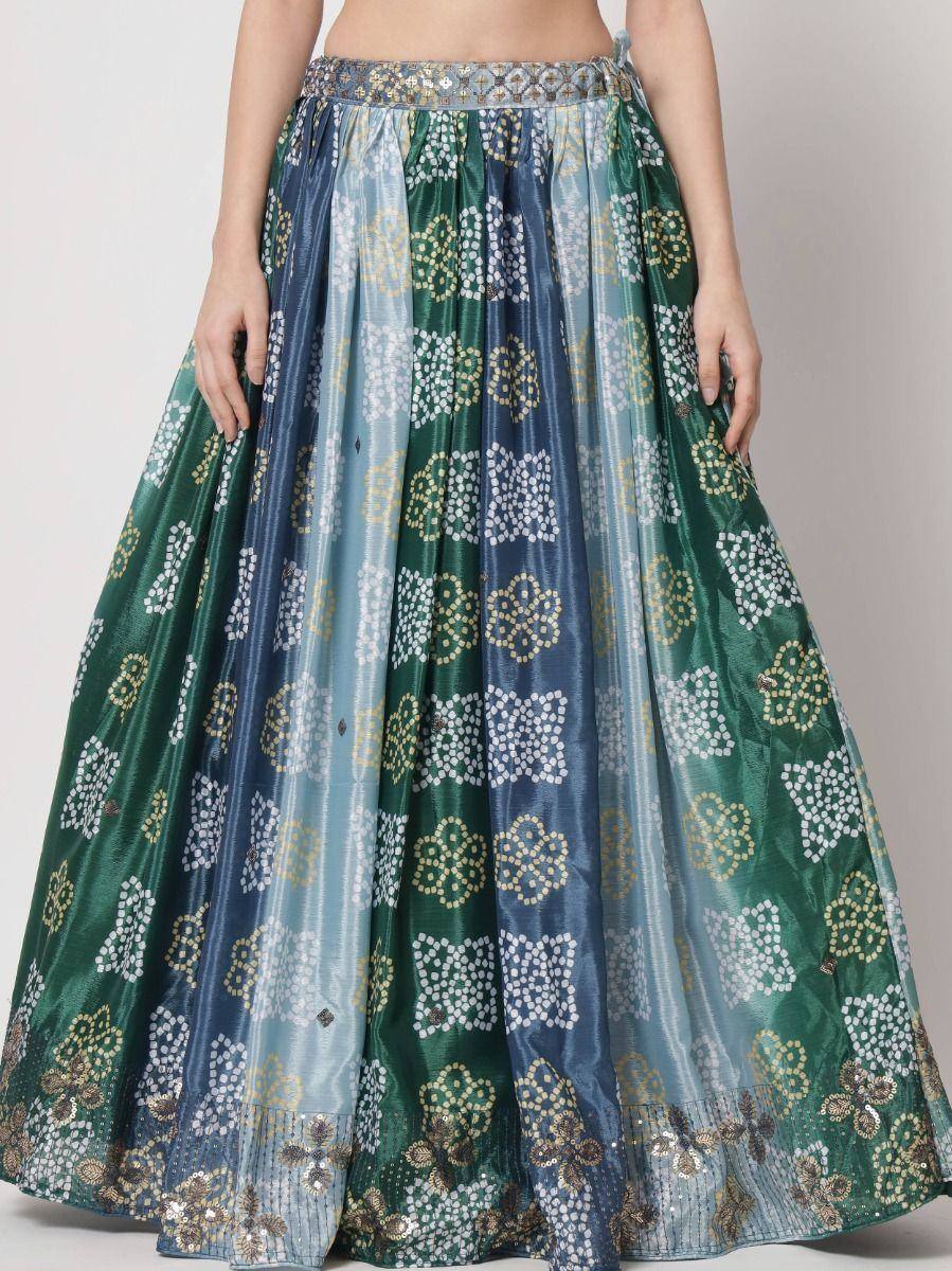 Green and blue floral print lehenga skirt with sequin embellishments, ethnic wear for women