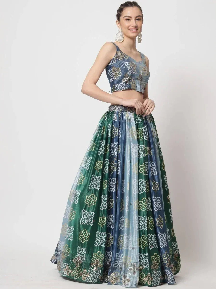 Green and blue floral print lehenga choli with embroidered crop top, perfect for Indian ethnic wear occasions