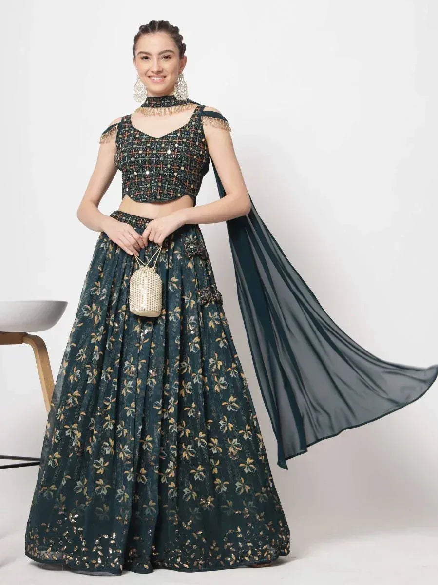 Emerald green floral lehenga choli with sequin crop top and sheer dupatta, perfect for Indian weddings