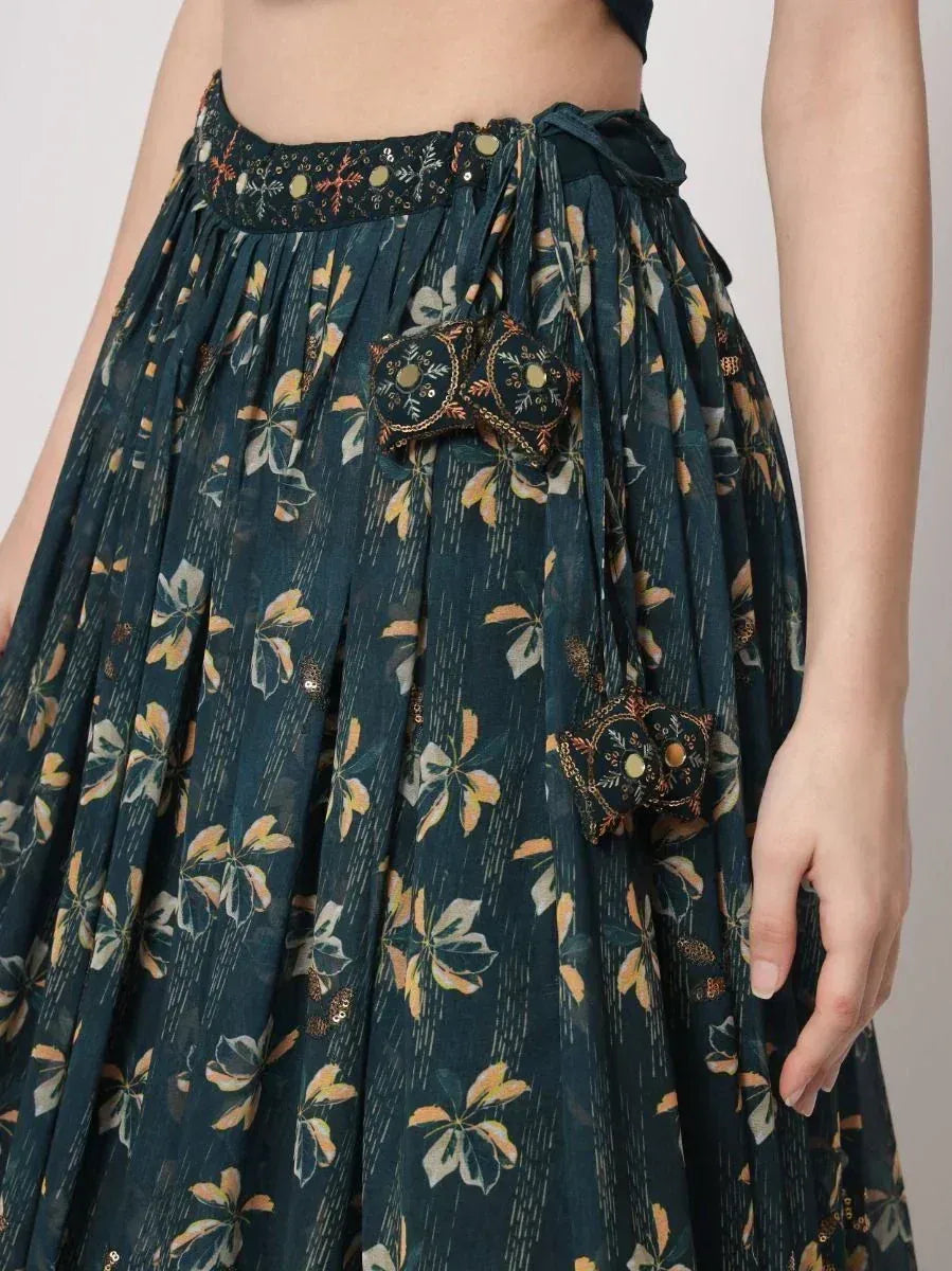 Dark green floral lehenga skirt with embroidered patches and tie waist, ethnic wear for women