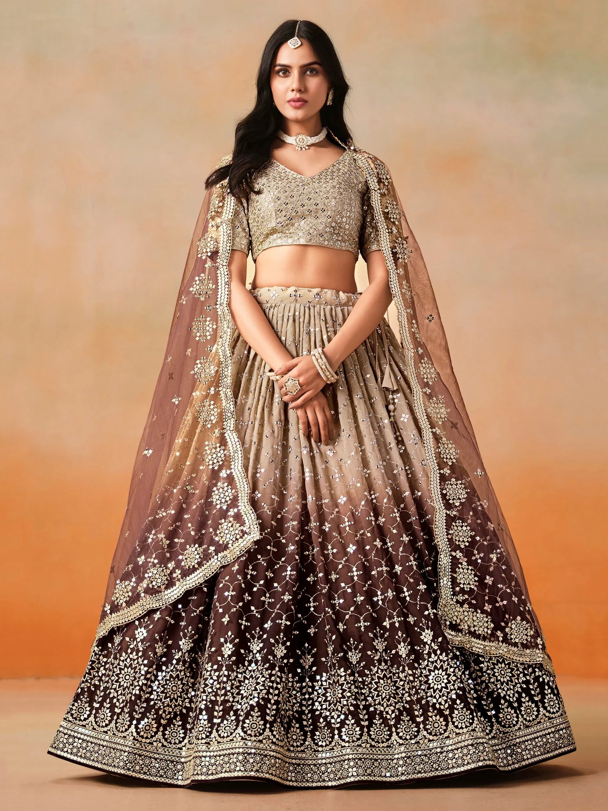 Fantastic Brown Sequins Georgette Wedding Wear Plus Size Lehenga Choli