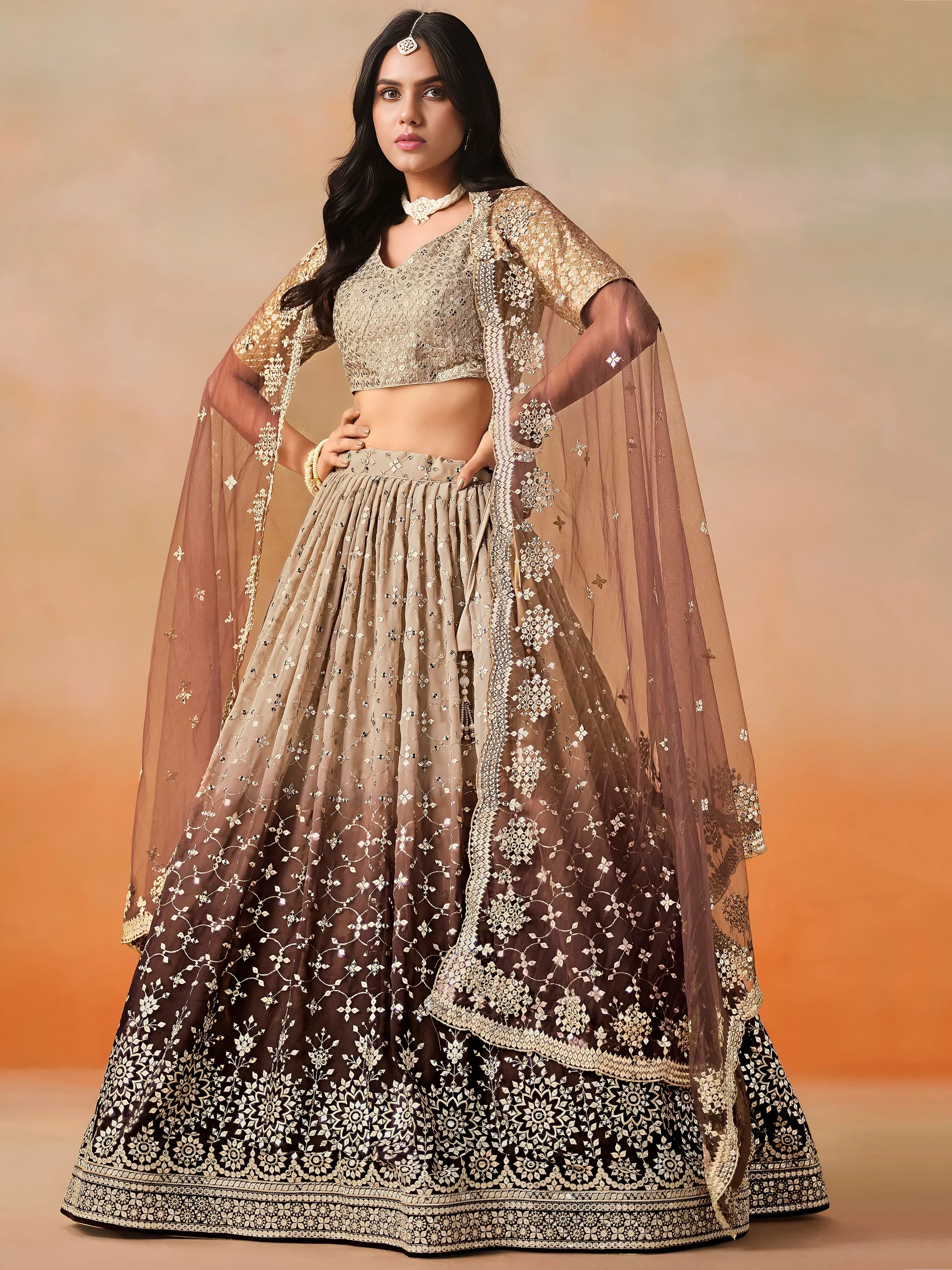 Gorgeous Brown Georgette Zari Embroidered Lehenga Choli With Dupatta