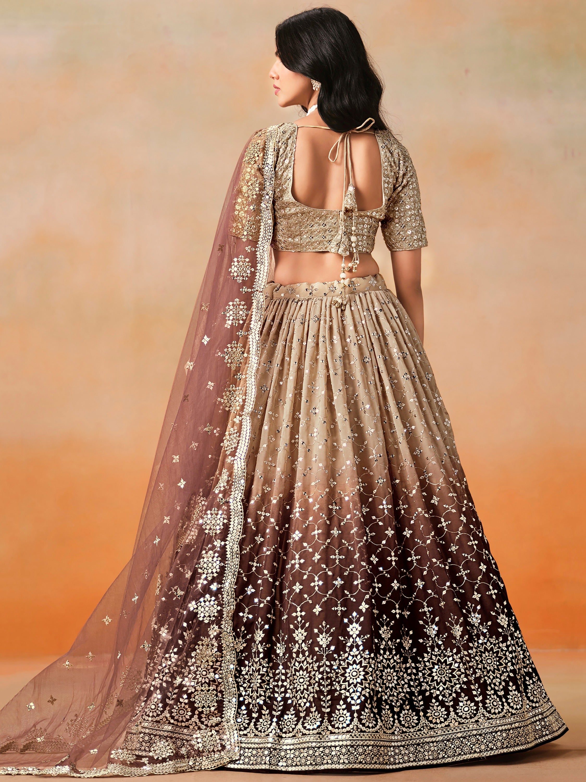 Fantastic Brown Sequins Georgette Wedding Wear Plus Size Lehenga Choli