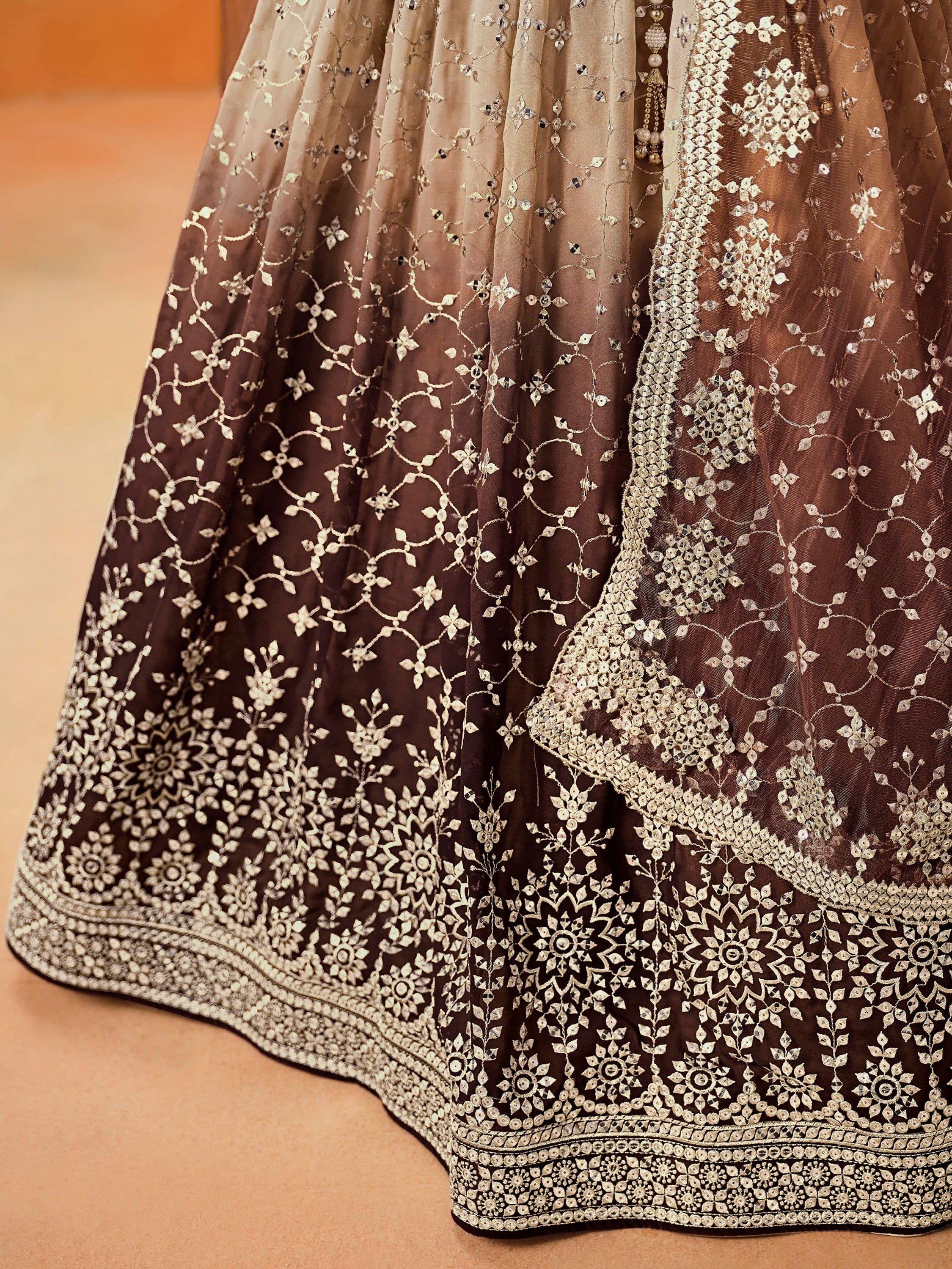 Fantastic Brown Sequins Georgette Wedding Wear Plus Size Lehenga Choli