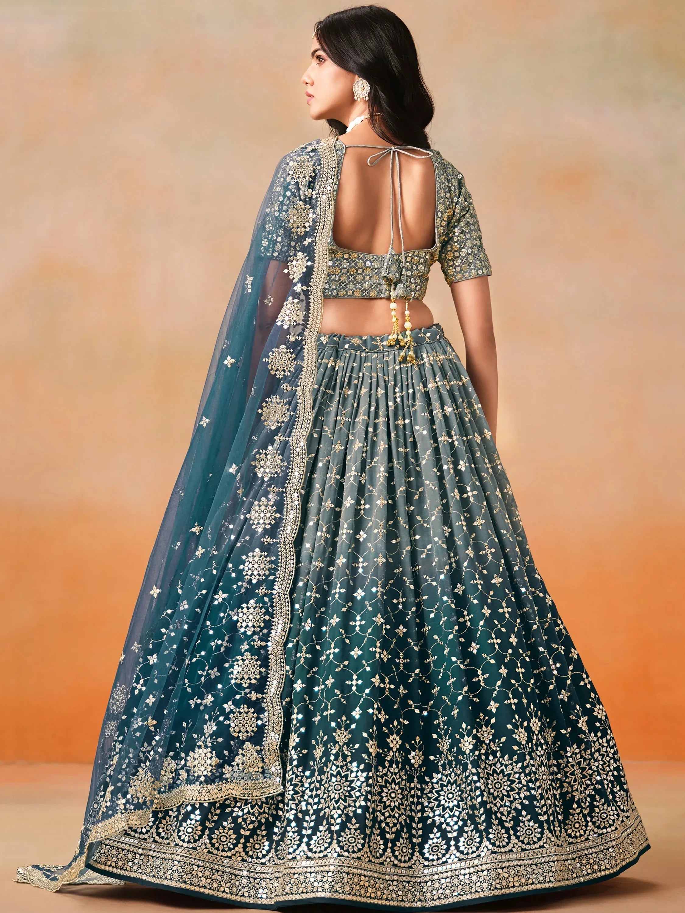Pretty Blue Embroidered Georgette Bridesmaid Plus Size Lehenga Choli