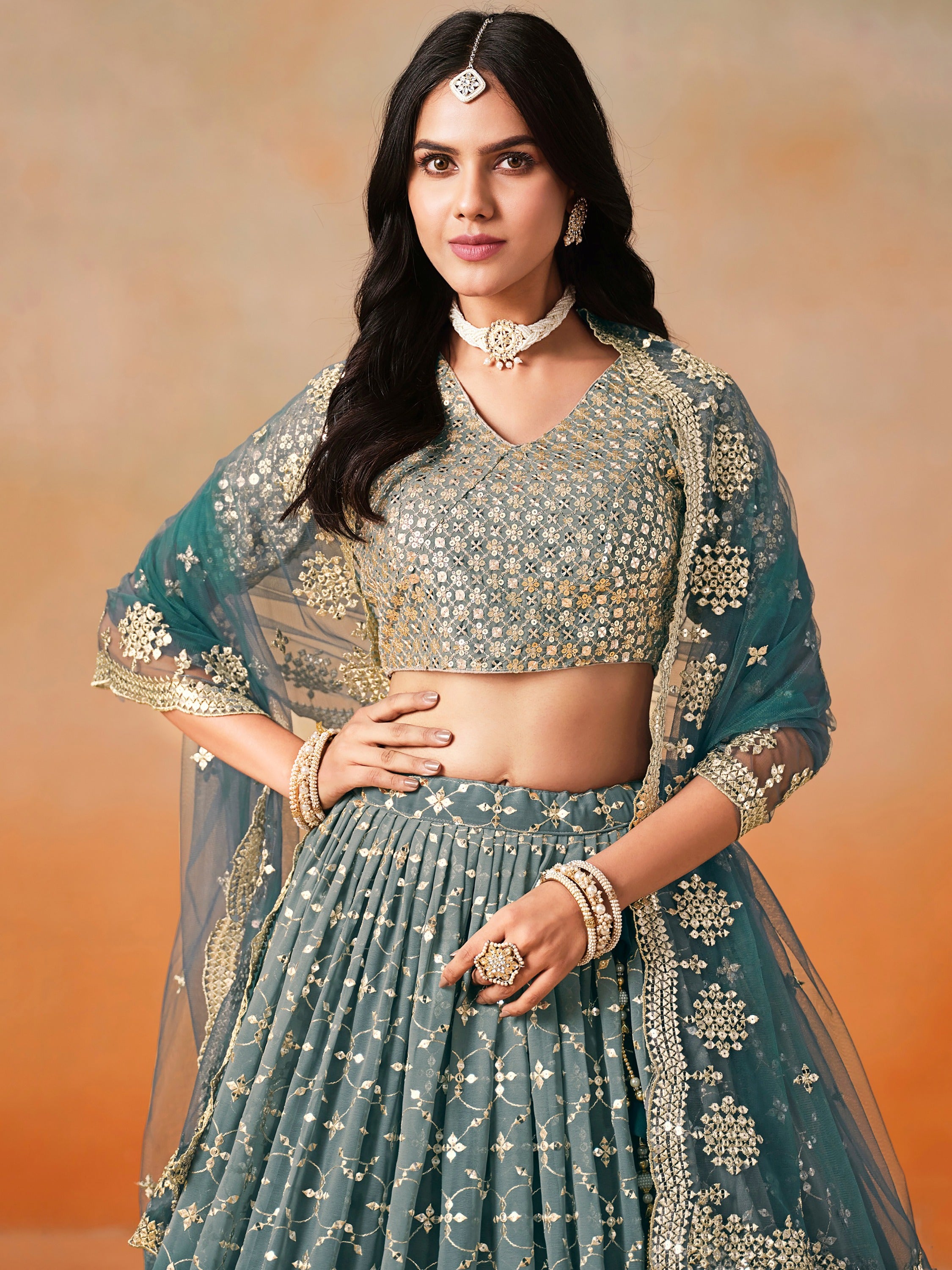 Pretty Blue Embroidered Georgette Bridesmaid Plus Size Lehenga Choli