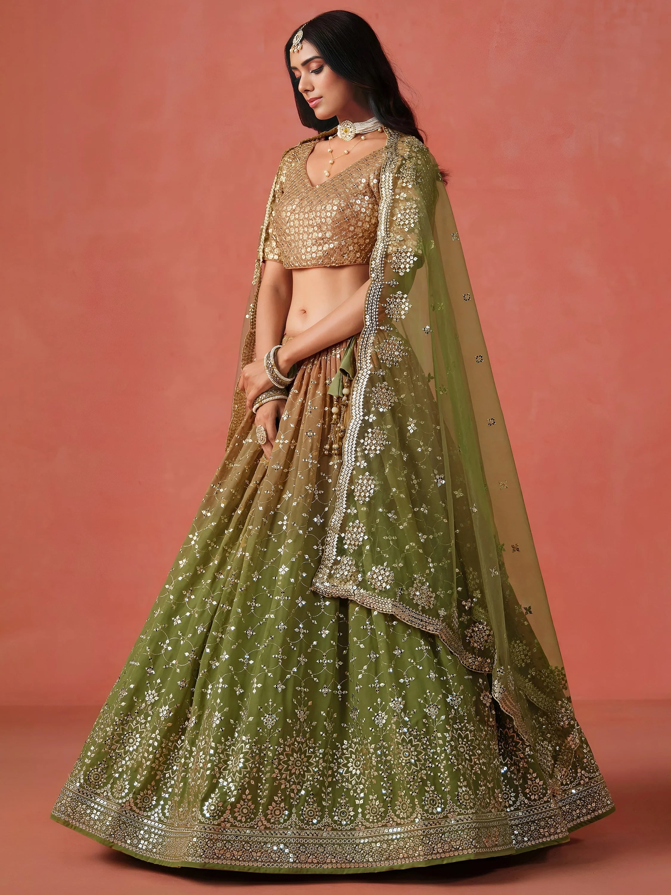 Beautiful Green Sequins Embroidered Mehendi Wear Lehenga Choli